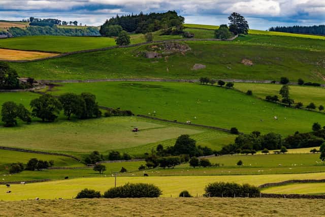 A farmer slowly makes his way back and forth cutting the grass in a field near Marrick, Richmondshire, North Yorkshire.