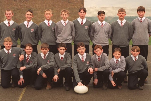 The Year 9 rugby squad at St John Fisher School. Pictured, back row from left, is James McLaughlin, Matthew Diskin, Keith Mason, Michael Senior, Graeme Carr, Benny Issott, Gareth Lyttle, Craig Murray. Front row, from left, is Matthew Stokes, Daniel Heywood, Jonathan Wells, James Mullaney, Damian Hinchcliffe, Andrew Howgate, Ben Mosalski and Jason Wilson.