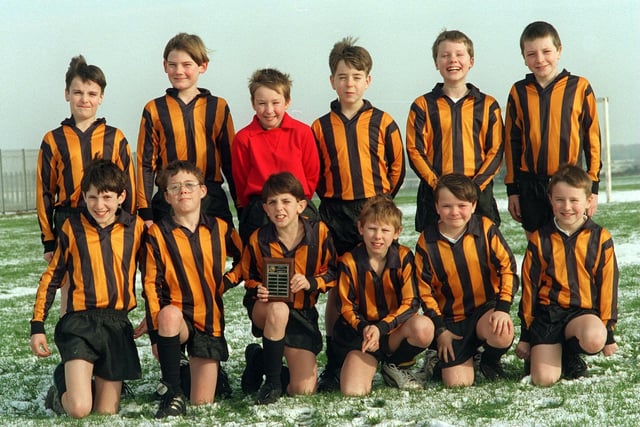 St. Roberts R.C. Primary football team. Pictured, back row from left, is Joseph Flanaghan, James Hall, Michael Reccia, Nicholas Avery, Ben Hardy, Sean Broderick. Front row, from left, is James Wignall, Ryan Callaghan, Christopher Carbone, Brian Burden, Dominic Gilhooly and Gregory Taylor.