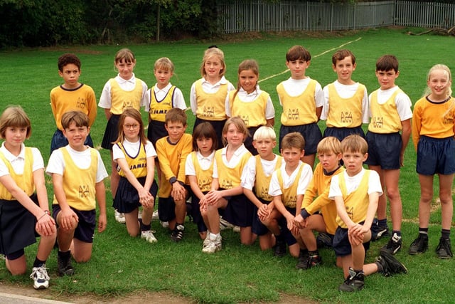 Manston St James Primary School U-11s cross country team in october 1995. Pictured at the front are captains, Rebecca Kitching and Ryan Sharp. Back row, from left, is  Michael Shaw, Emma Ricketts, Felicity McGowan, Lindsey McDonnell, Julie Scott, David Fletcher, Christopher Fletcher, Ben Sefton and Susannah Shaw. Front row, from left, is Mary Schofield, Tom Bradley Aimee Thompson, Vicky Farrar, Liam Hunn, Daniel Sharp, Jack Easby and Andrew Palmer.
