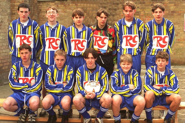 Barlby High School U-15s football team. Pictured, back row from left, is Joseph Bridgstock, Mark Livesey, Peter Thomas, Tony Bodycomb, Martin Barker, Richard Topping. Front row, from left, is Michael Young, Andrew Phillips, Gareth Jackson (captain), Alan Jackson and Stuart Kerr.