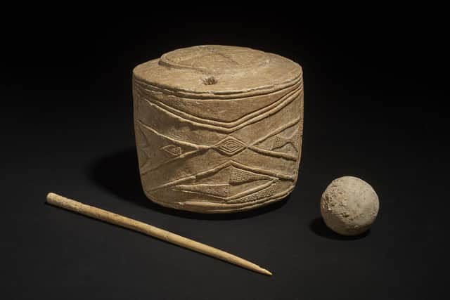 The Burton Agnes chalk drum, chalk ball and bone pin