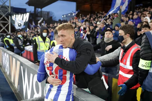 Luke Molyneux of Hartlepool United interacts with fans following their sides defeat after the Emirates FA Cup Fourth Round match between Crystal Palace and Hartlepool United at Selhurst Park on February 05, 2022 in London, England. (Photo by Ryan Pierse/Getty Images)