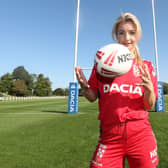 BIG FAN: Helen Skelton, pictured at an England women's rugby league training session at Weetwood Hall in 2019, is determined to grow the appeal of the sport through Channel 4's coverage of Super League. Picture by Paul Currie/SWpix.com