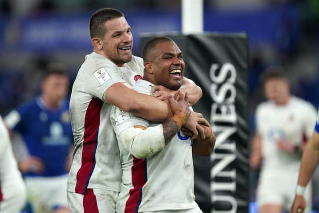 SEALED IT: England's Kyle Sinckler (right) celebrates with Charlie Ewels after scoring a try in Rome. Picture: Mike Egerton/PA Wire.
