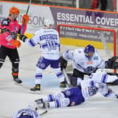 OFF THE MARK: Sam Jones, far right, fires home Sheffield Steelers' second goal in their 3-2 win at home to Glasgow Clan on Sunday evening. Picture: Dean Woolley.