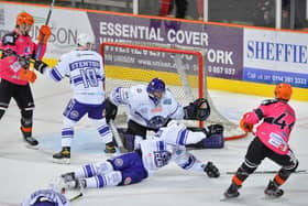 OFF THE MARK: Sam Jones, far right, fires home Sheffield Steelers' second goal in their 3-2 win at home to Glasgow Clan on Sunday evening. Picture: Dean Woolley.