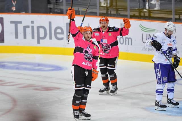 OPENING SALVO: Justin Hodgman celebrates scoring Sheffield Steelers' first goal against Glasgow Clan on Sunday. Picture: Dean Woolley.
