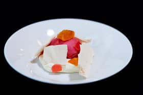 Rhubarb sorbet, blood orange cream, and meringue.
Picture James Hardisty