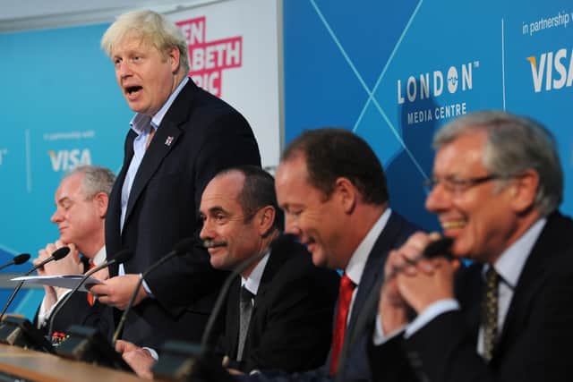 Mayor of London Boris Johnson (standing) is joined by (from the left) Daniel Moylan, Chairman of the London Legacy Development Corporation John Burton, Director of Development Westfield, Peter Redfern, CEO Taylor Wimpey and Stuart Corbyn Chairman of Qatari Diar Delancey East Village, during a press conference in Westminster, London, to discuss the legacy of the London 2012 Olympics.