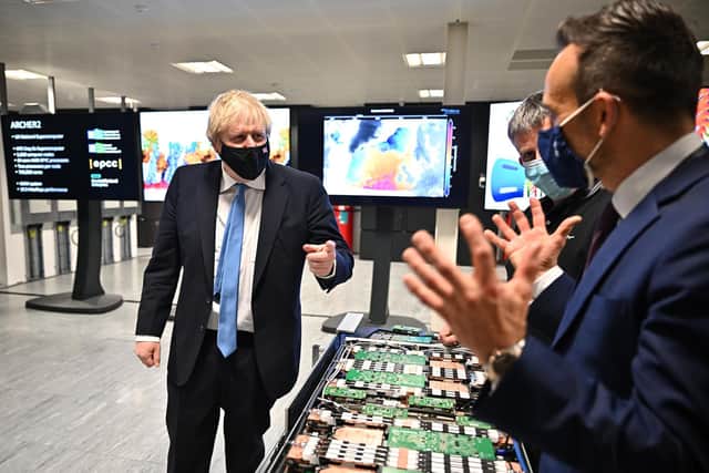 Prime Minister Boris Johnson during a visit to the ACF building at the Technopole, Bush Estate in Edinburgh (PA)