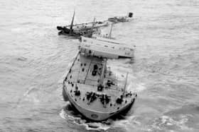 File photo dated 27/03/1967 of the giant tanker Torrey Canyon, broken in two on the Seven Stones Reef off Land's End, Cornwall.