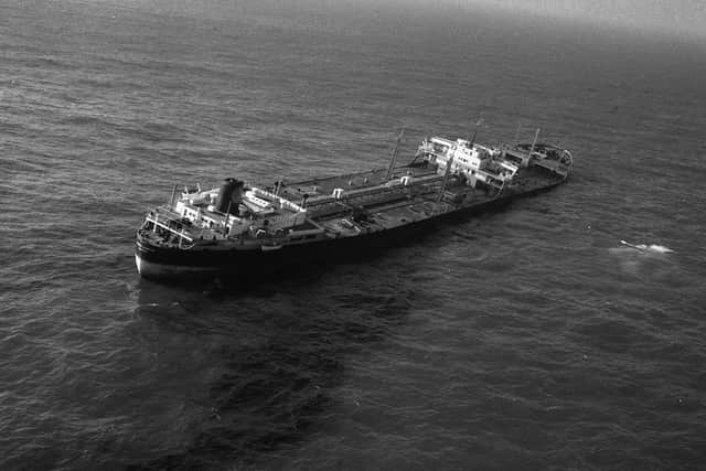 The long oil slick drifting from the stranded Torrey Canyon in 1967.