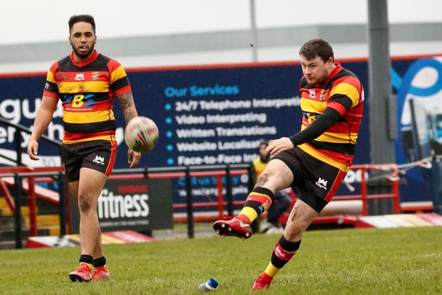 Matty Beharrell kicks one of his two crucial goals for Dewsbury Rams against Sheffield Eagles. Picture: TCF Photography