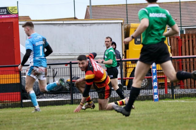 Brad Graham goes over for Dewsbury Rams' first try against Sheffield Eagles. Picture: TCF Photography