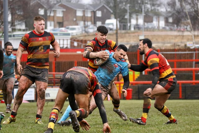 This York player is met by a solid Dewsbury Rams defence. Picture: TCF Photography
