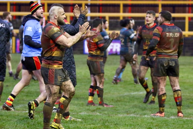 Dewsbury Rams players applaud the fans for their backing. Picture: TCF Photography