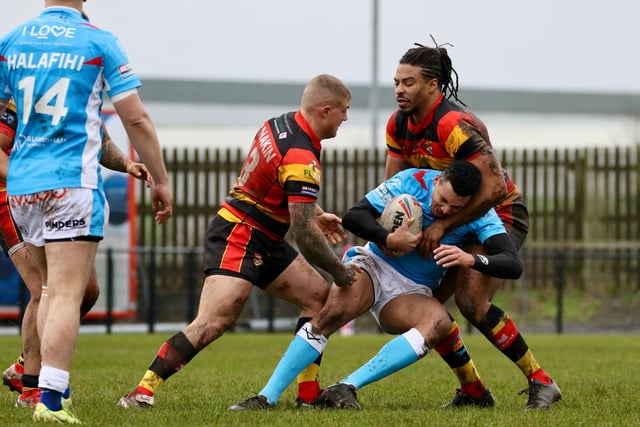 Solid tackling was a key for Dewsbury Rams against Sheffield Eagles. Picture: TCF Photography
