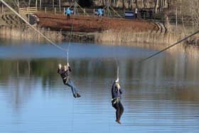 Scarborough & Whitby MP Sir Robert Goodwill and Lord Downe of Dawnay Estates try out the new zipwire at North Yorkshire Water Park.