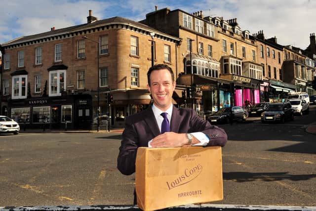 Alex Goldstein, great grandson of Louis Cope, on the corner of King's Road and Parliament Street in Harrogate, outside the building, still standing, that used to be the Louis Cope fashion store. Picture: Gerard Binks