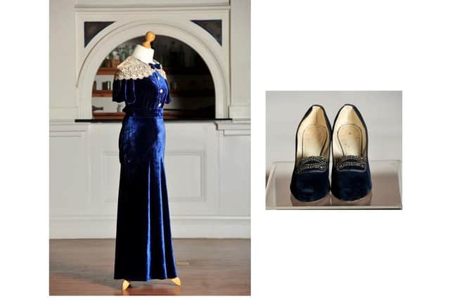 A 1930s blue velvet and lace Louis Copé gown, and matching shoes, worn on honeymoon in the Mediterranean, from the Harrogate Museums archive. Picture: Gerard Binks