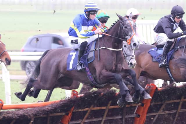 This was Burrow Seven - the horse inspired by rugby league legend Rob Burrow - making his hurdles debut at Wetherby under Oakley Brown (blue and yellow colours). Photo: Phill Andrews.