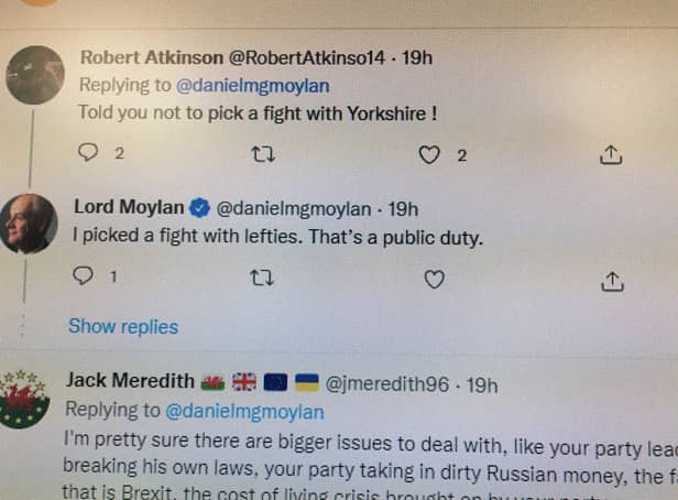 A tweet posted by Daniel moylan about a 'puvclic duty' picking a fight with 'lefties' after brandishing Yorkshire as a county of whingers.