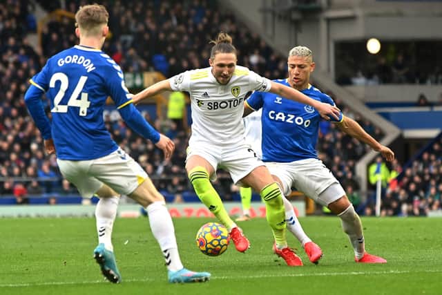 Luke Ayling holds off Richarlison during Leeds United's heavy defeat to Everton. (Picture: Bruce Rollinson)