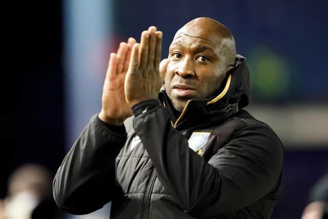Sheffield Wednesday manager, Darren Moore during the Sky Bet League One match at Hillsborough, Sheffield. Picture date: Tuesday February 8, 2022. PA Photo. See PA story SOCCER Sheff Wed. Photo credit should read: Zac Goodwin/PA Wire.  RESTRICTIONS: EDITORIAL USE ONLY No use with unauthorised audio, video, data, fixture lists, club/league logos or "live" services. Online in-match use limited to 120 images, no video emulation. No use in betting, games or single club/league/player publications.