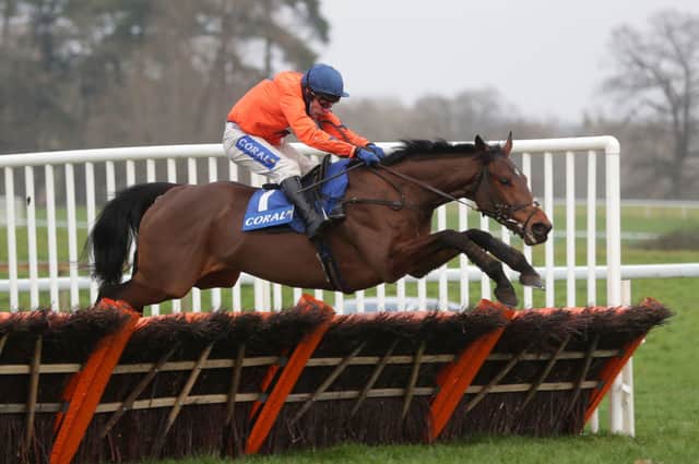 This was Adagio and Tom Scudamore winning the Grade One Coral Finale Juvenile Hurdle at Chepstow last season.