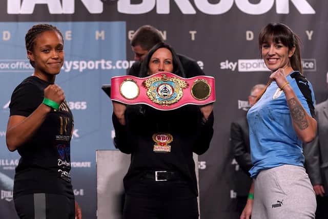 Natasha Jonas (left) and Chris Namus during the weigh-in at the Exchange Hall, Manchester. Picture: Nick Potts/PA Wire.