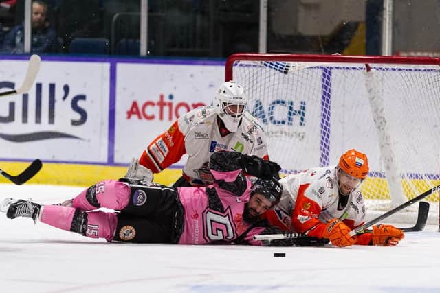 RUN OVER: Former Sheffield Steelers' forward Mathieu Roy makes life difficult during Glasgow Clan's 5-3 win in Sxcotland on Wednesday night. Picture: Al Goold