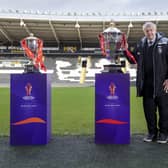 'Mr Hull': Black and Whites legend Johnny Whiteley with the rugby league World Cups at the MKM Stadium last December. Picture by Allan McKenzie/SWpix.com