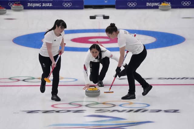 Britain's Eve Muirhead throws a rock during the women's curling final match between Japan and Britain. Picture: AP Photo/Nariman El-Mofty
