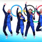 Great Britain's Mili Smith, Hailey Duff, Jennifer Dodds, Vicky Wright and Eve Muirhead celebrate with the gold medal after victory in the Women's Gold Medal Game in Beijing. Picture: Andrew Milligan/PA