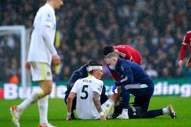 Leeds United's Robin Koch goes down injured for a second time before being substituted. Picture: Mike Egerton/PA