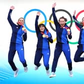 Great Britain's Mili Smith, Hailey Duff, Jennifer Dodds, Vicky Wright and Eve Muirhead celebrate with the gold medal. Picture: Andrew Milligan/PA Wire.