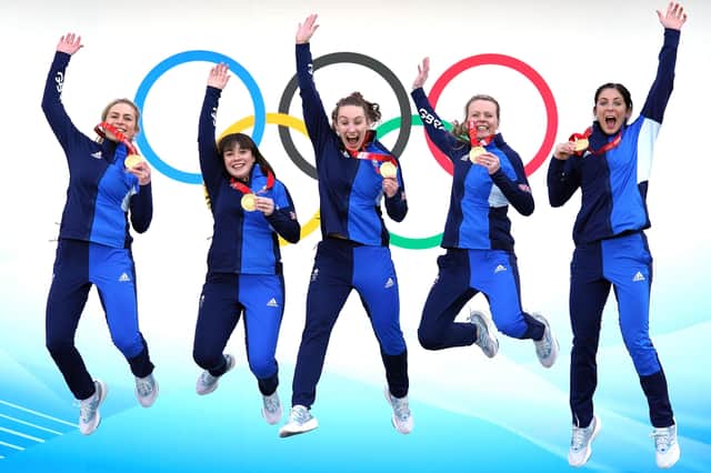 Great Britain's Mili Smith, Hailey Duff, Jennifer Dodds, Vicky Wright and Eve Muirhead celebrate with the gold medal. Picture: Andrew Milligan/PA Wire.