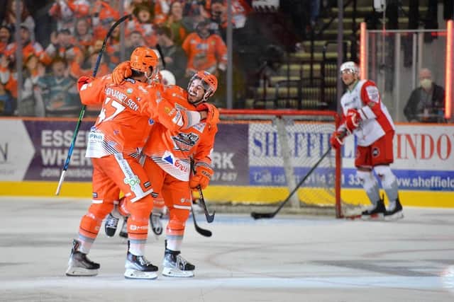 Tommaso Traversa celebrates scoring his go-ahead goal for Sheffield Steelers against Cardiff Devils. Picture: Dean Woolley/EIHL.
