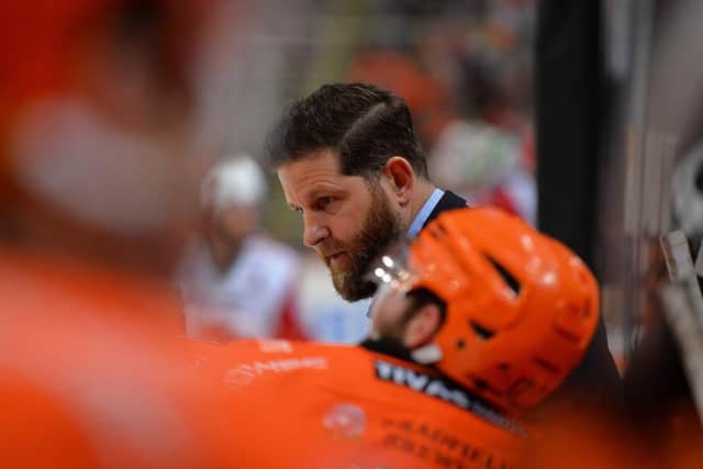 NOW HEAR THIS: Sheffield Steelers' head coach Aaron Fox instructs his players from the bench on Sunday night against Cardiff Devils. Picture: Dean Woolley/EIHL.