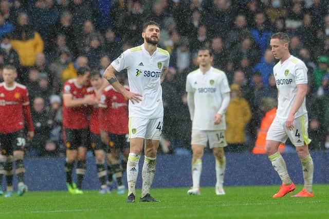 Leeds United's players show their frustration after the second Manchester United goal at Elland Road. Picture: Simon Hulme.