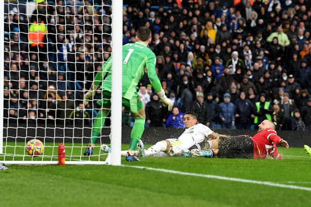 Leeds United's Raphinha slides in to equalise against Manchester United at Elland Road. Picture: Simon Hulme.