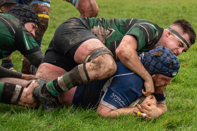 Powerful prop forward Josh Hough grounds the ball for a try for Pontefract against Roundhegians. Picture: Jonathan Buck