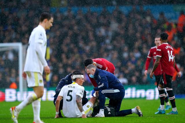 Leeds United's Robin Koch goes down injured for a second time before being substituted. Picture: PA