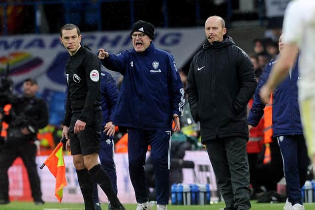 Leeds United head coach Marcelo Bielsa barks orders from the touchline during Sunday's Premier League defeat to Manchester United. Picture: Simon Hulme.