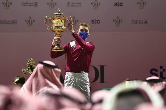 David Egan celebrates last year's Saudi Cup win aboard Mishriff.