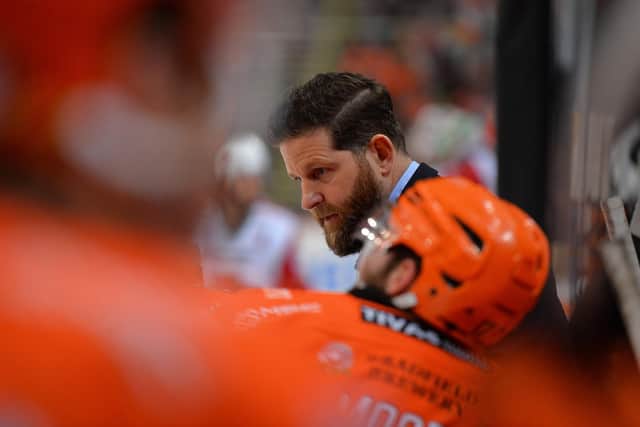 Sheffield Steelers' head coach Aaron Fox, on the bench during Sunday's Elite League clash with Cardiff Devils. Picture: Dean Woolley/EIHL.
