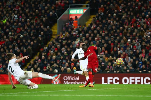 AT THE DOUBLE: Sadio Mane fires home his first and Liverpool's fourth as part of a brace for the forward in Wednesday night's 6-0 win against Leeds United at Anfield. Photo by Clive Brunskill/Getty Images.