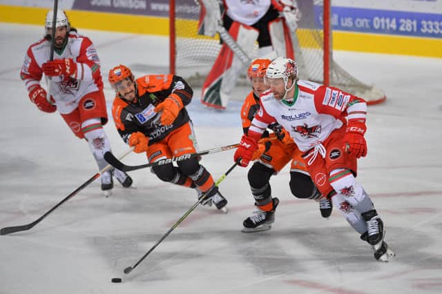 Sheffield Steelers' Tommaso Traversa and Jonathan Phillips battle for puck possession against Cardiff Devils on Wednesday night. Picture: Dean Woolley/EIHL.
