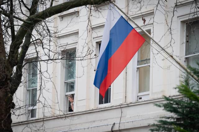 The Russian flag outside the Russian Embassy in west London, following the Russian invasion of Ukraine